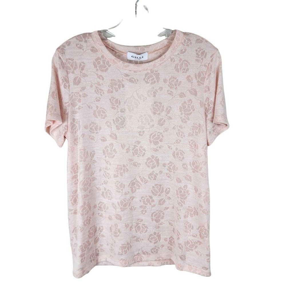 G.I.L.I. Blush Floral Sheer Crew Neck Short Sleeves Classic Fit Top Size M
